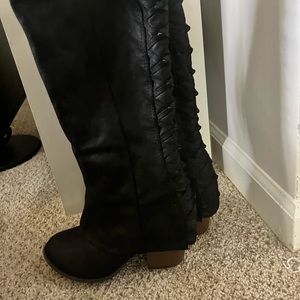 Fold over black leather braided boots